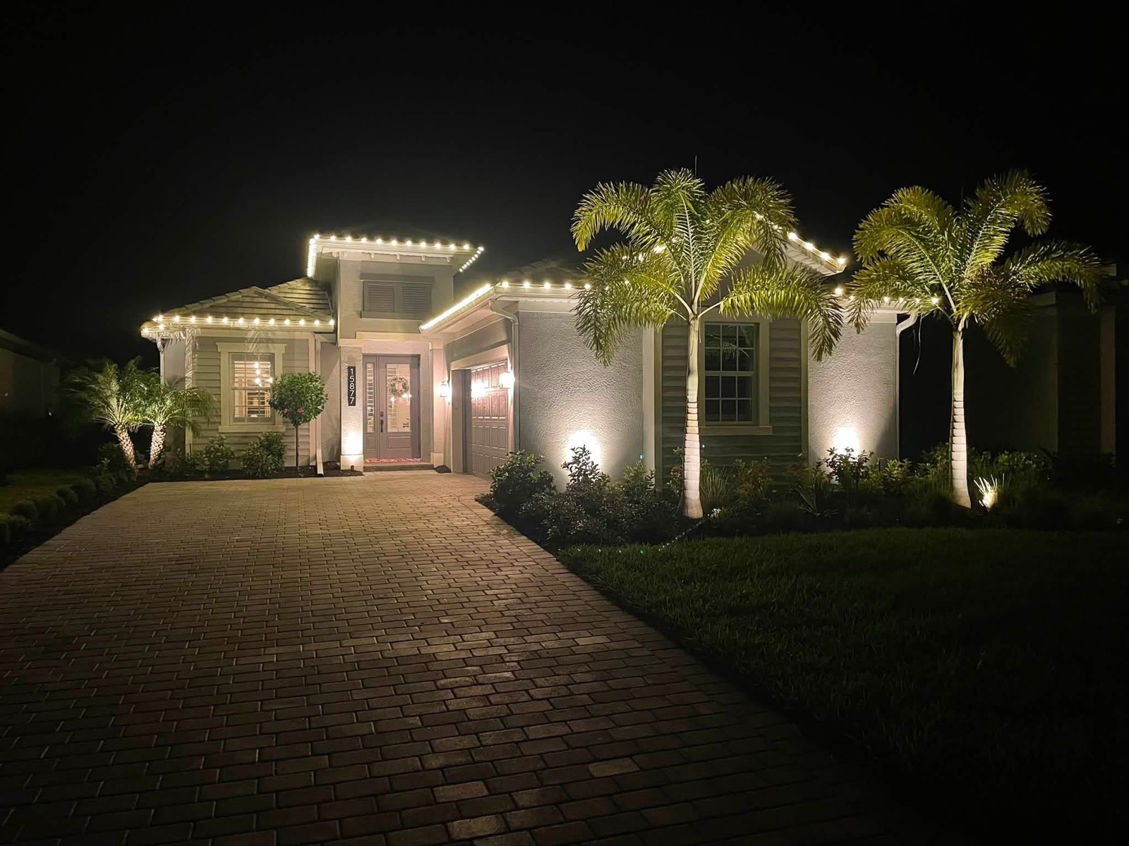 Single-story home with warm white roofline lights and wrapped palm trees